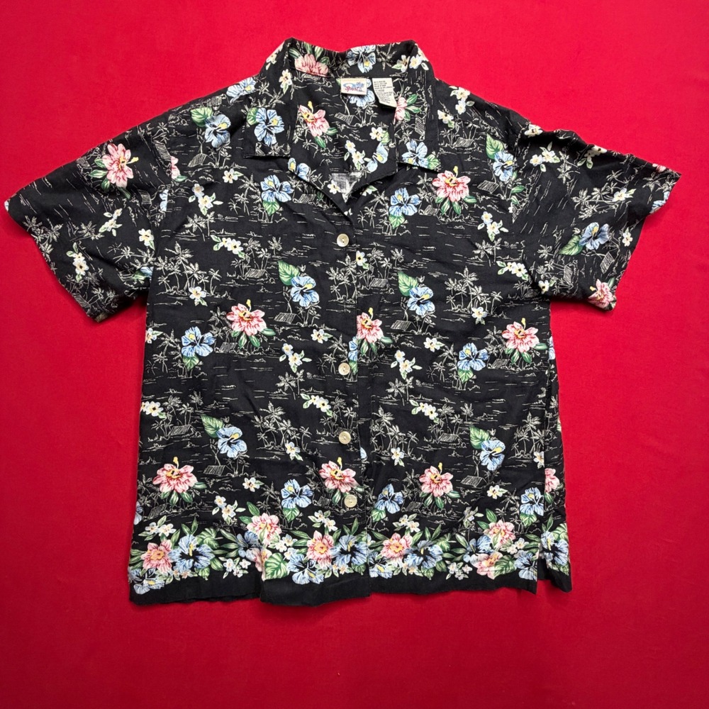 Vintage Y2K Surf OCEAN PACIFIC OP Hawaiian Shirt Black Floral Tropical Mens M